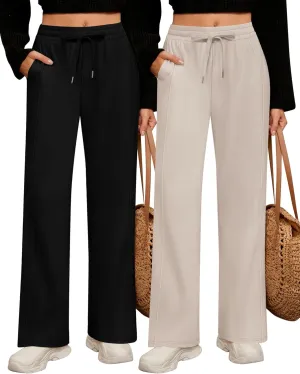 2 Pack Women's Wide Leg Pants Casual Drawstring High Waist Sweatpants Baggy Trousers Joggers Pant with Pockets