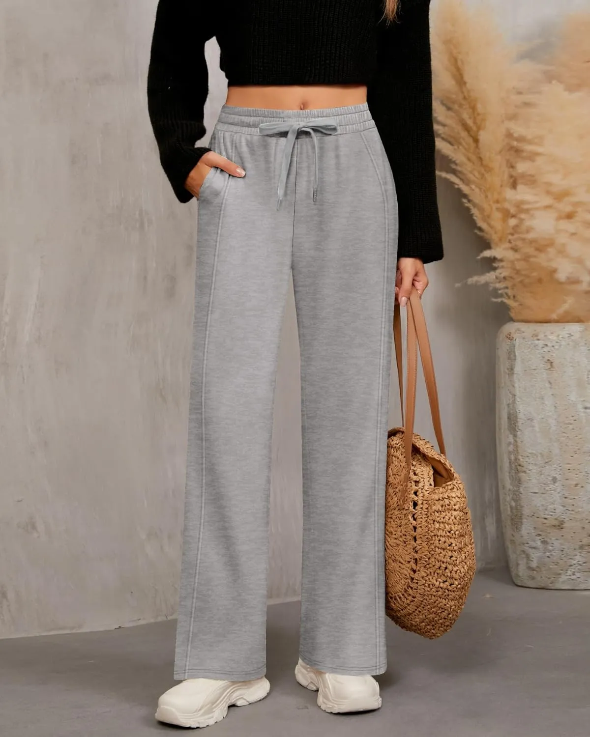 2 Pack Women's Wide Leg Pants Casual Drawstring High Waist Sweatpants Baggy Trousers Joggers Pant with Pockets