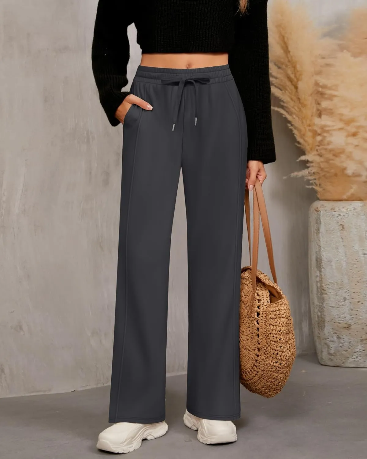 2 Pack Women's Wide Leg Pants Casual Drawstring High Waist Sweatpants Baggy Trousers Joggers Pant with Pockets