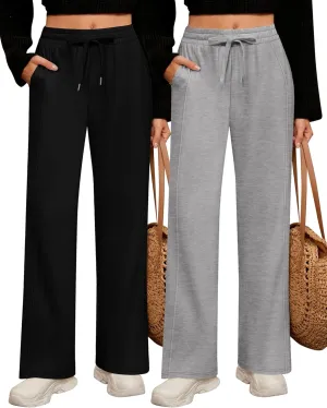 2 Pack Women's Wide Leg Pants Casual Drawstring High Waist Sweatpants Baggy Trousers Joggers Pant with Pockets