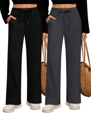 2 Pack Women's Wide Leg Pants Casual Drawstring High Waist Sweatpants Baggy Trousers Joggers Pant with Pockets