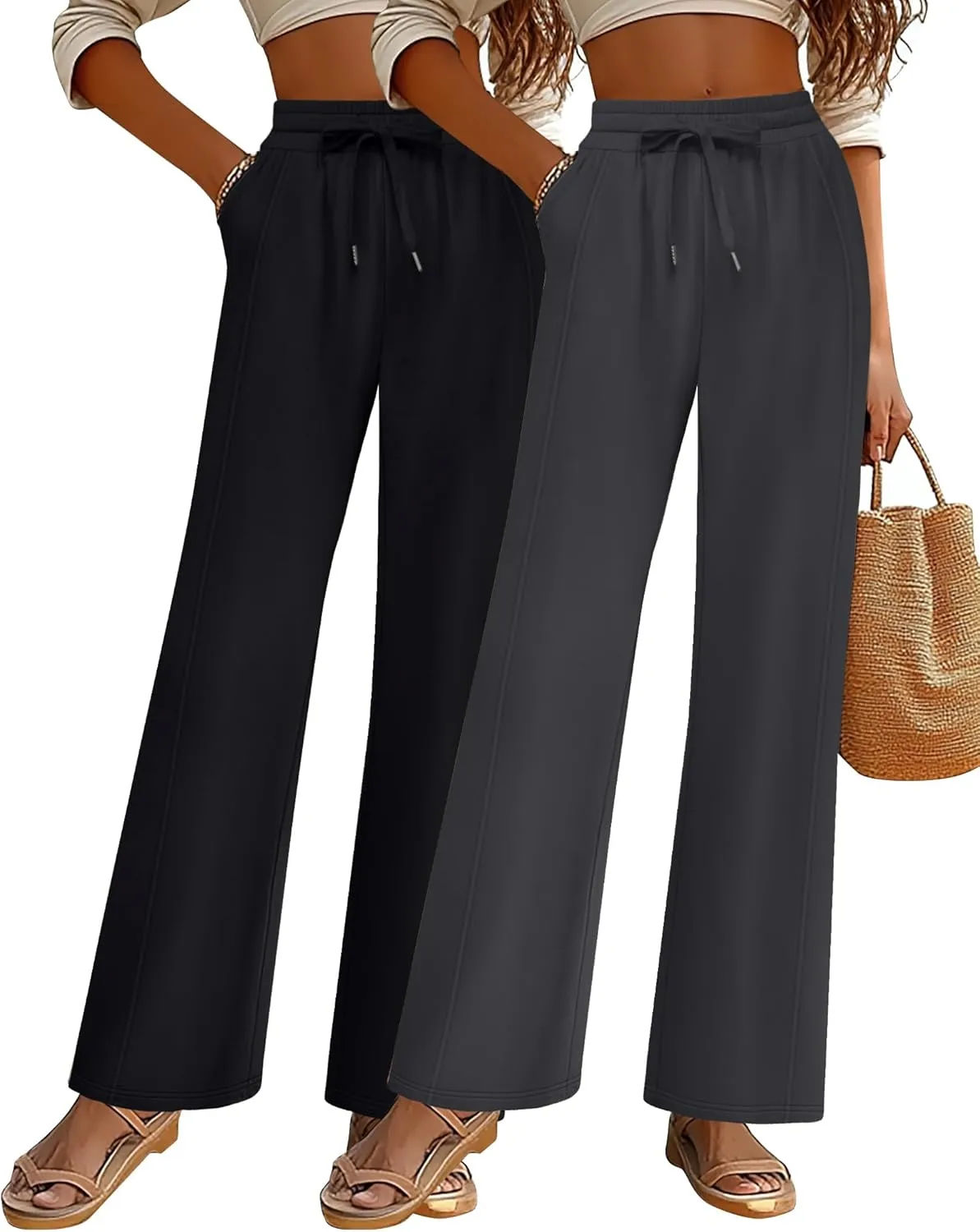 2 Pack Women's Wide Leg Pants Casual Drawstring High Waist Sweatpants Baggy Trousers Joggers Pant with Pockets