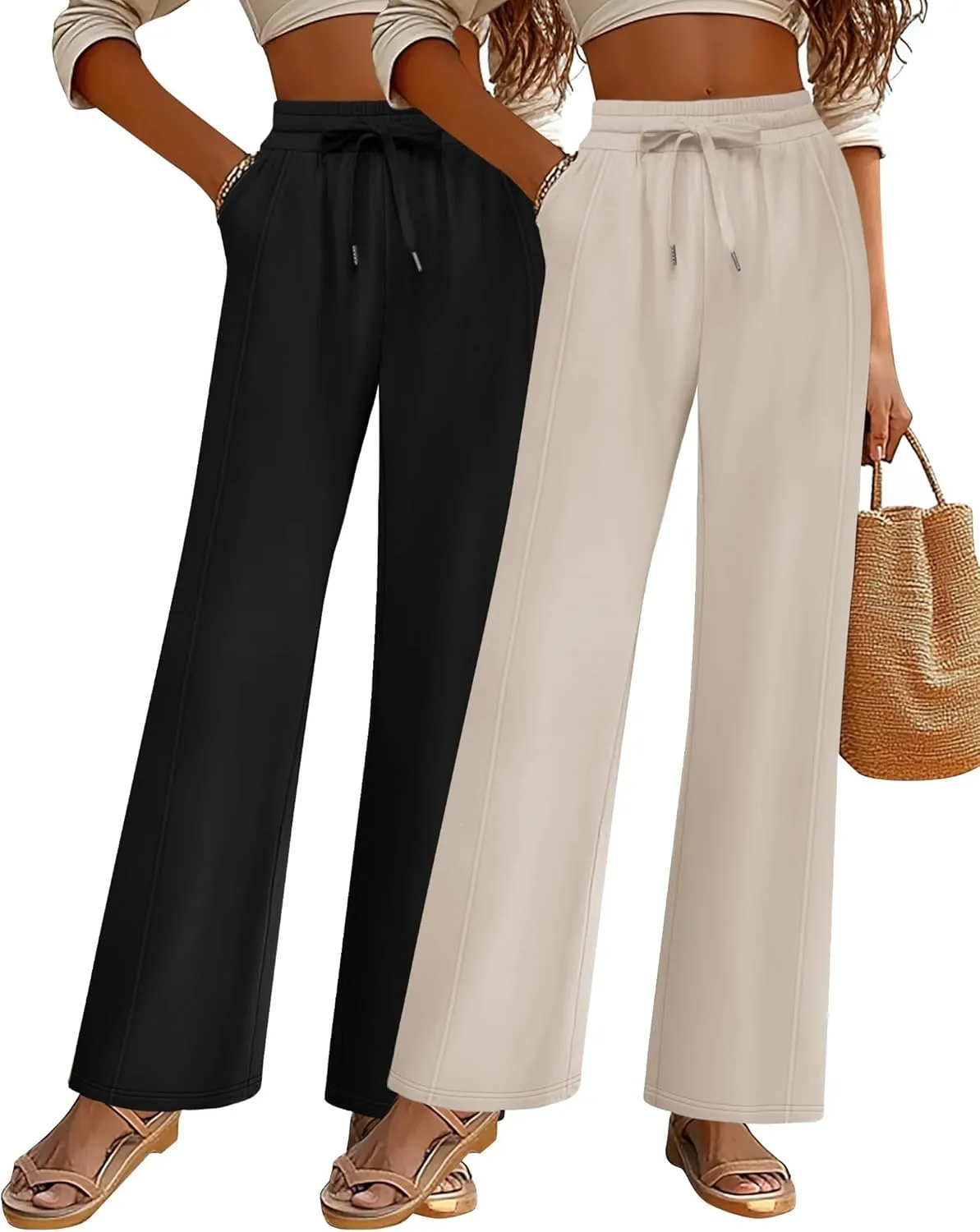 2 Pack Women's Wide Leg Pants Casual Drawstring High Waist Sweatpants Baggy Trousers Joggers Pant with Pockets