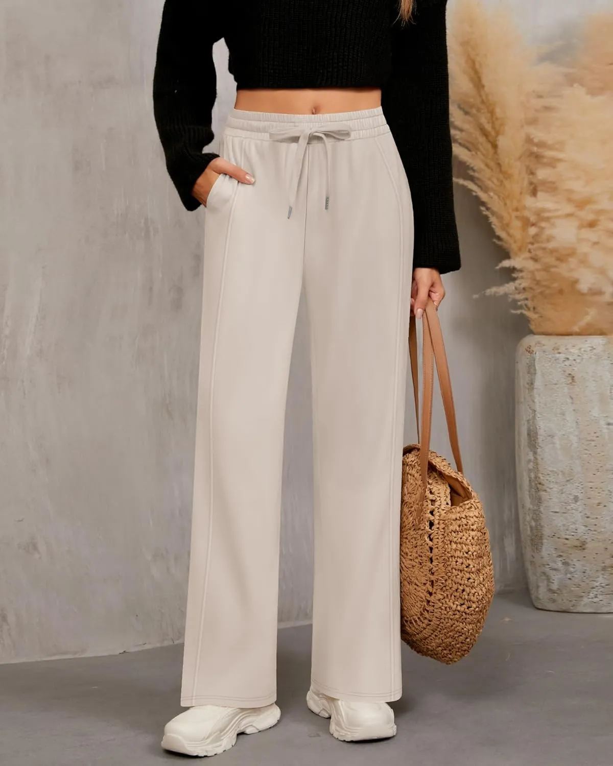 2 Pack Women's Wide Leg Pants Casual Drawstring High Waist Sweatpants Baggy Trousers Joggers Pant with Pockets