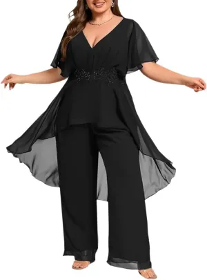 2 Pieces Mother of The Bride Pant Suits for Wedding Chiffon Dressy Pantsuits for Women Evening Party with Sleeves