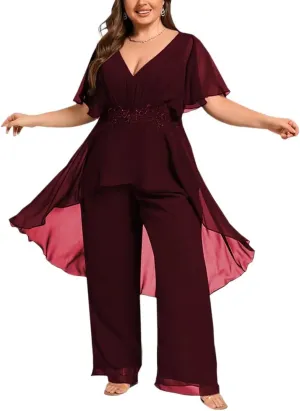 2 Pieces Mother of The Bride Pant Suits for Wedding Chiffon Dressy Pantsuits for Women Evening Party with Sleeves