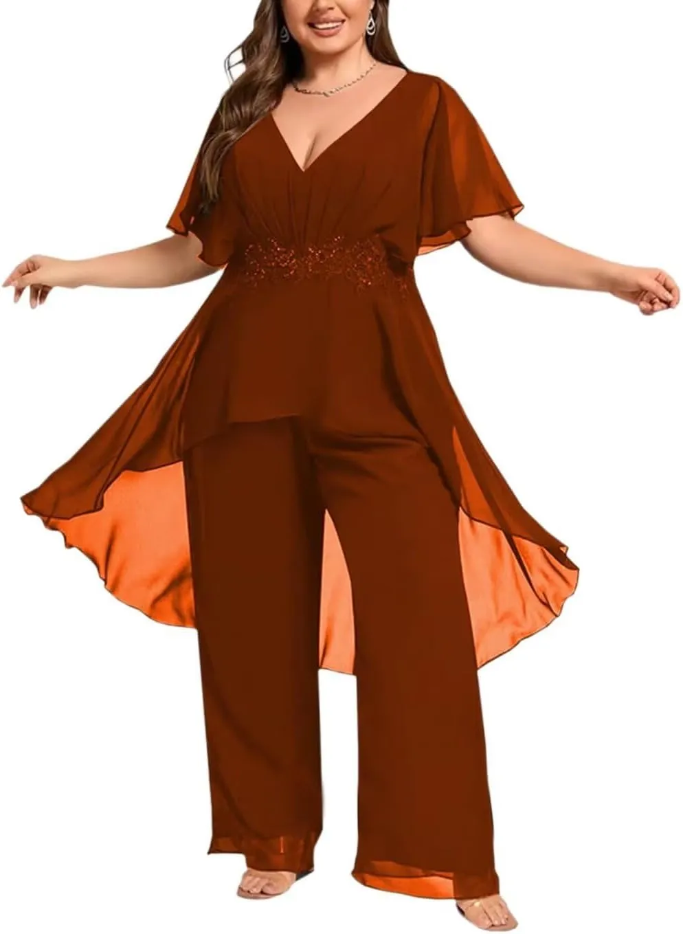 2 Pieces Mother of The Bride Pant Suits for Wedding Chiffon Dressy Pantsuits for Women Evening Party with Sleeves