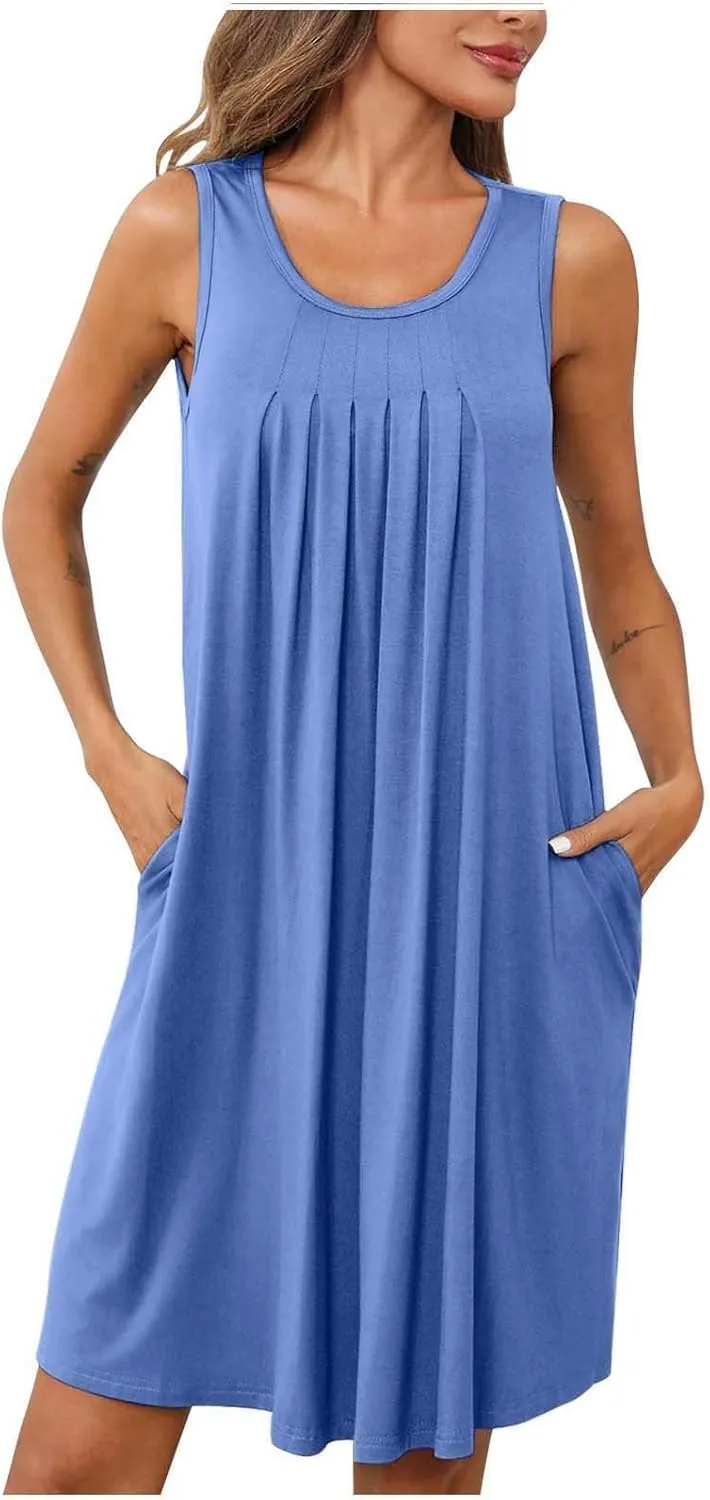 2024 Womens Hide Belly Work Casual Elegrant Flowy Solid Cotton Waffle Knit High Waist Shirred Maxi Dress Beach Sun Dress