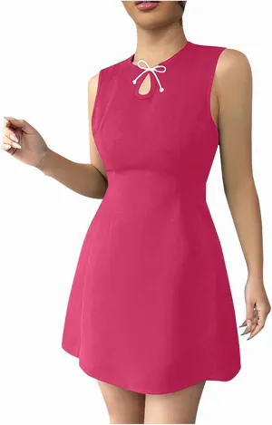 2025 Elegant Tank Dresses for Women Solid Color Crew Neck Sleeveless Bow Mini Dress A-Line Casual Office Dresses