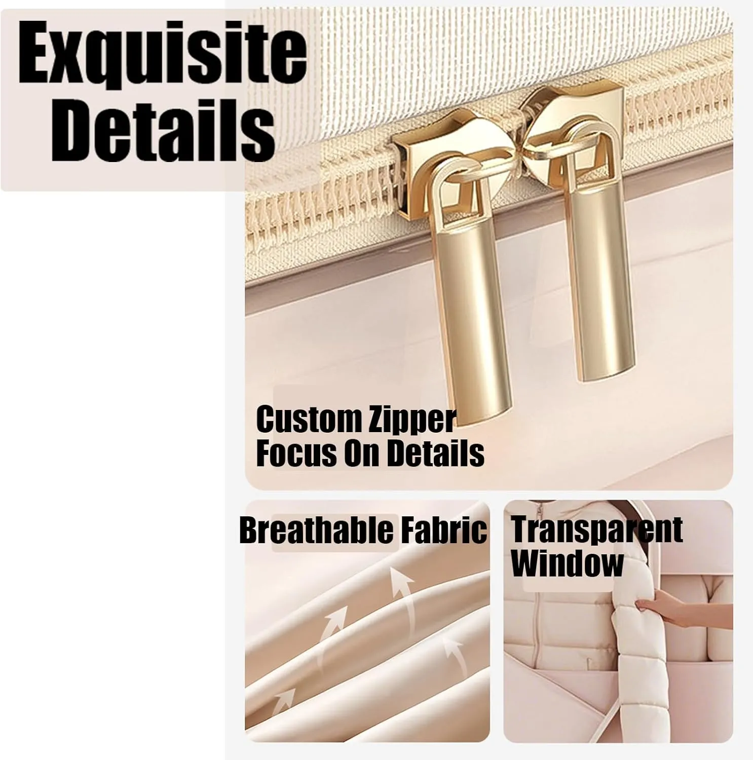 2025 New Space Saving Hanging Garment Bag with Self Compression Zipper, Heavy Duty Dust Cover Closet Organizers Hanging Protector for Down Winter Coat (Oatmeal,M)