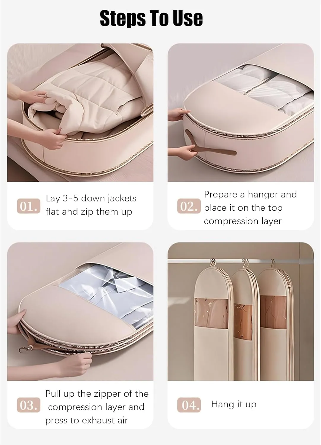 2025 New Space Saving Hanging Garment Bag with Self Compression Zipper, Heavy Duty Dust Cover Closet Organizers Hanging Protector for Down Winter Coat (Oatmeal,M)