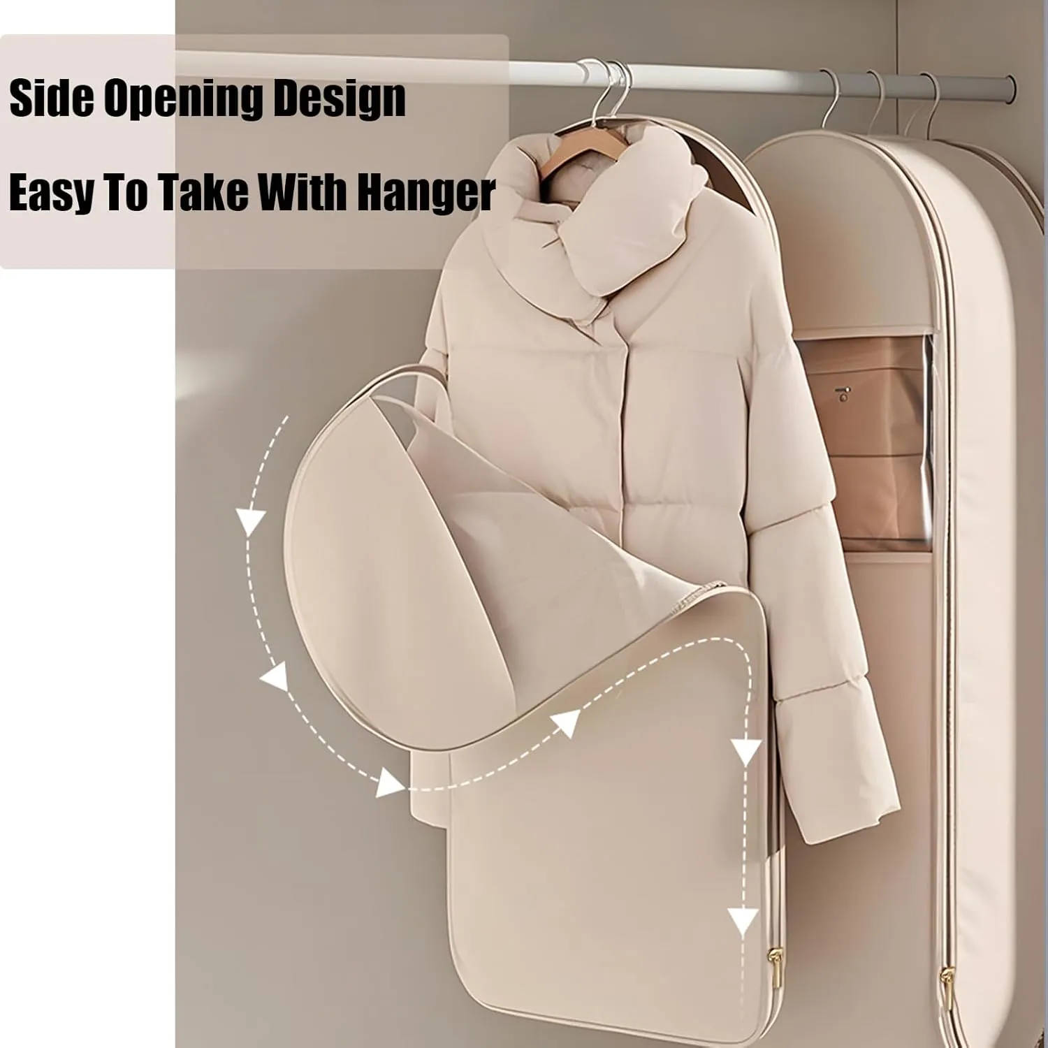 2025 New Space Saving Hanging Garment Bag with Self Compression Zipper, Heavy Duty Dust Cover Closet Organizers Hanging Protector for Down Winter Coat (Oatmeal,M)