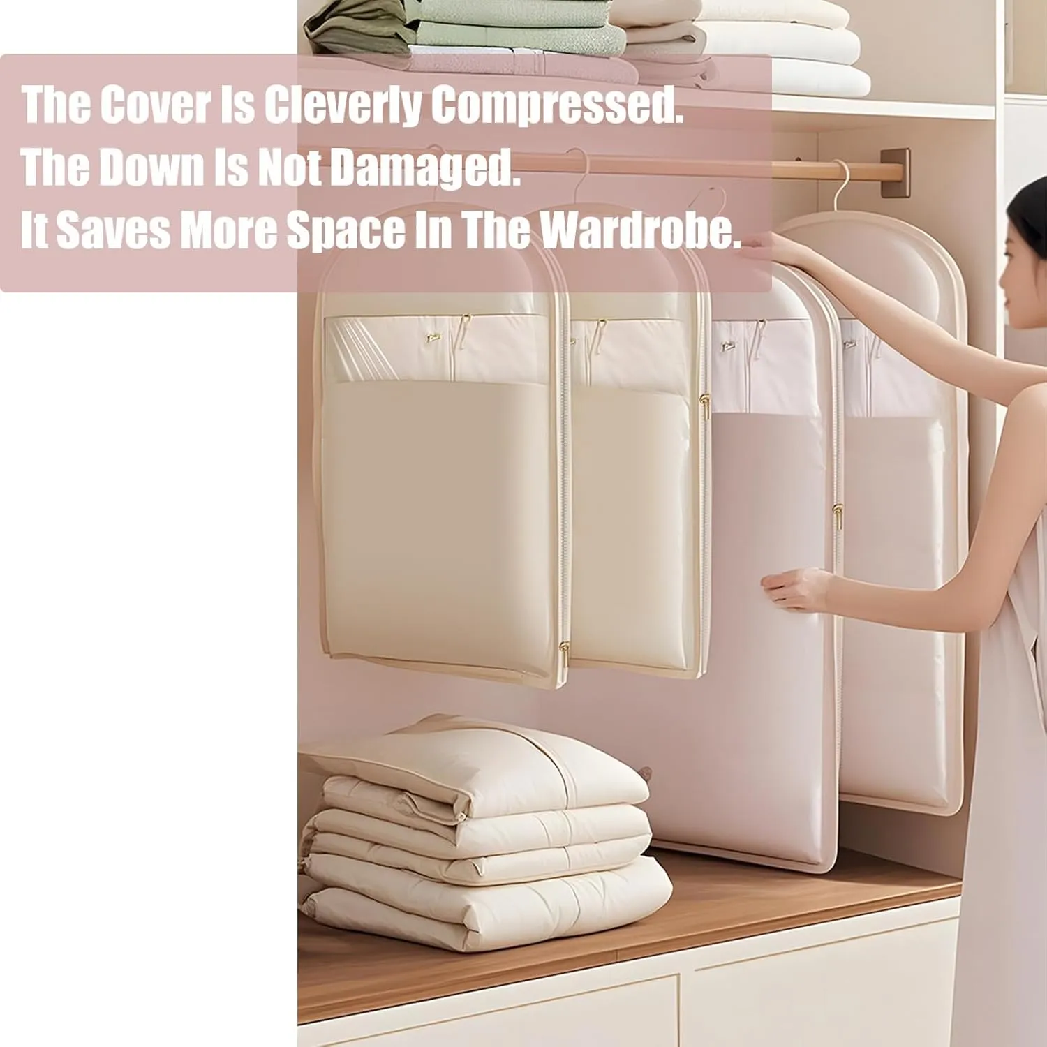 2025 New Space Saving Hanging Garment Bag with Self Compression Zipper, Heavy Duty Dust Cover Closet Organizers Hanging Protector for Down Winter Coat (Oatmeal,M)