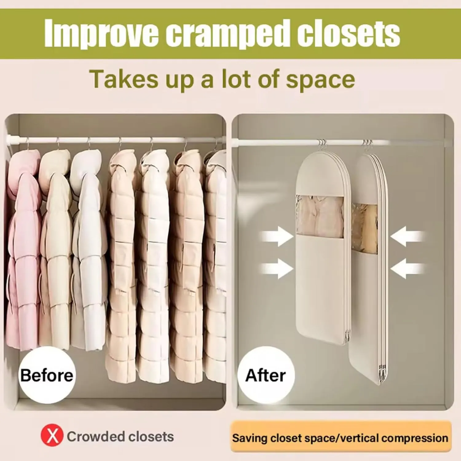 2025 Space Saving Garment Bag With Compression Zipper Garment Bags for Hanging Clothes Travel (Beige, XL (51.18 in))