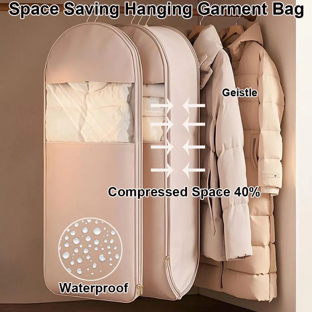2025 Space Saving Hanging Garment Bag with Self Compression Zipper, Closet Organizers Garment Bags for Hanging Clothes (Beige, L)