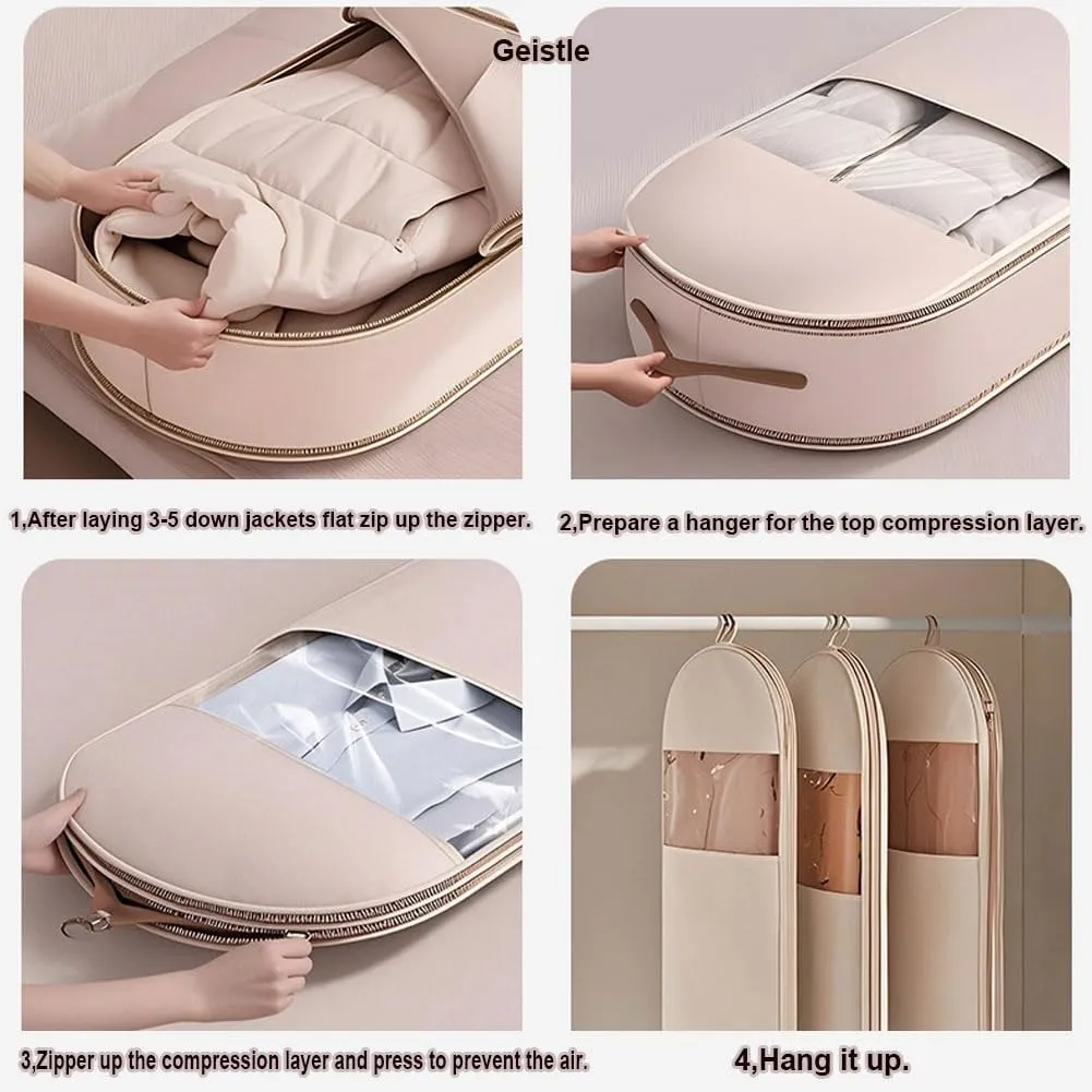 2025 Space Saving Hanging Garment Bag with Self Compression Zipper, Closet Organizers Garment Bags for Hanging Clothes (Beige, L)