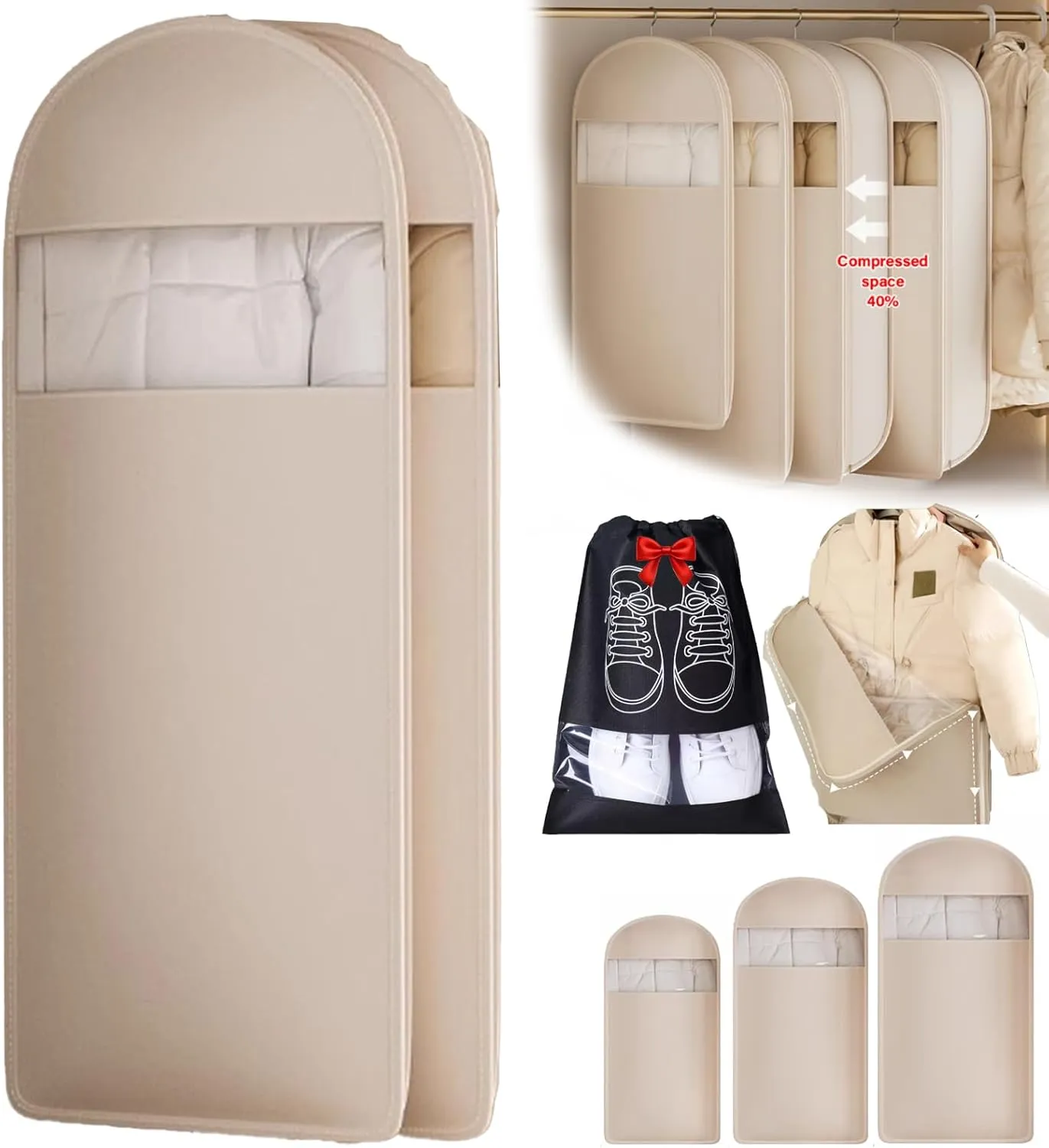 2025 Space Saving Hanging Garment Bag with Self Compression Zipper, Closet Organizers Garment Bags for Hanging Clothes (Beige, L)