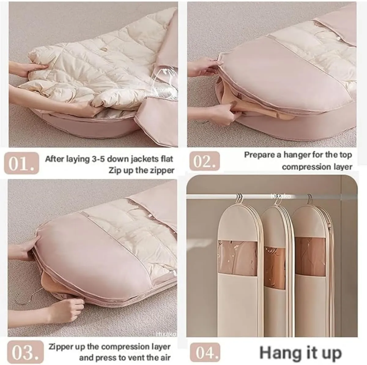 2025 Space Saving Hanging Garment Bag with Self Compression Zipper, Space Saver Closet Organizers, Dust Cover Clothes Bags for Down Coat, Closet Storage (Pink,Large)