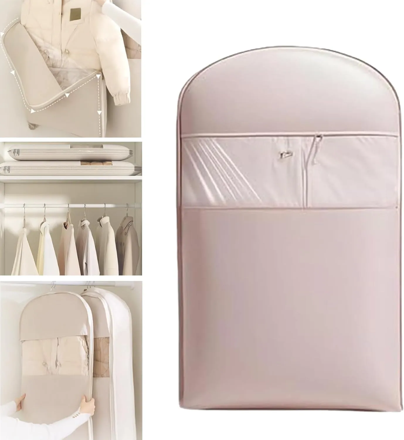 2025 Space Saving Hanging Garment Bag with Self Compression Zipper, Space Saver Closet Organizers, Space Saving Hanging Protector, Dust Cover Clothes Bags for Down Coat (Pink,Medium)