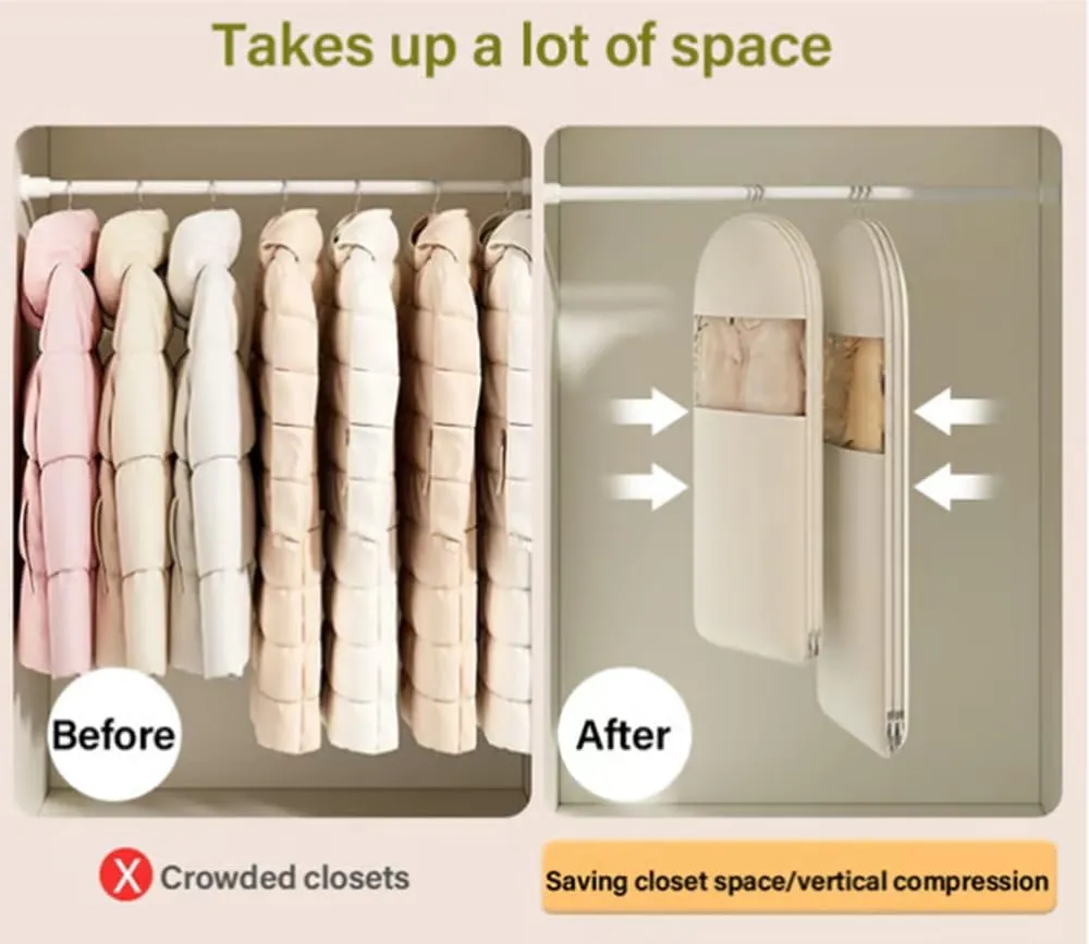 2025 Space Saving Hanging Garment Bag with Self Compression Zipper, Space Saver Closet Organizers, Space Saving Hanging Protector, Dust Cover Clothes Bags for Down Coat (Pink,Medium)