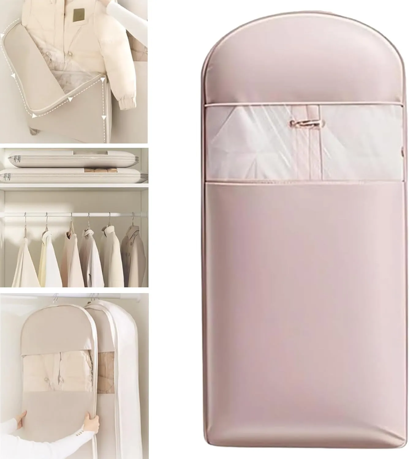 2025 Space Saving Hanging Garment Bag with Self Compression Zipper, Space Saver Closet Organizers, Space Saving Hanging Protector, Dust Cover Clothes Bags for Down Coat (Pink,X-Large)