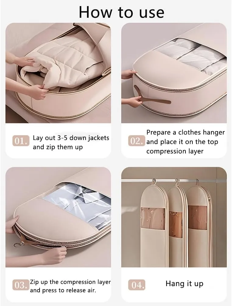2025 Space Saving Hanging Garment Bag with Self Compression Zipper, Space Saver Closet Organizers,Dust Cover Clothes Bags for Down Coat, For Closet Storage (Pink-M)