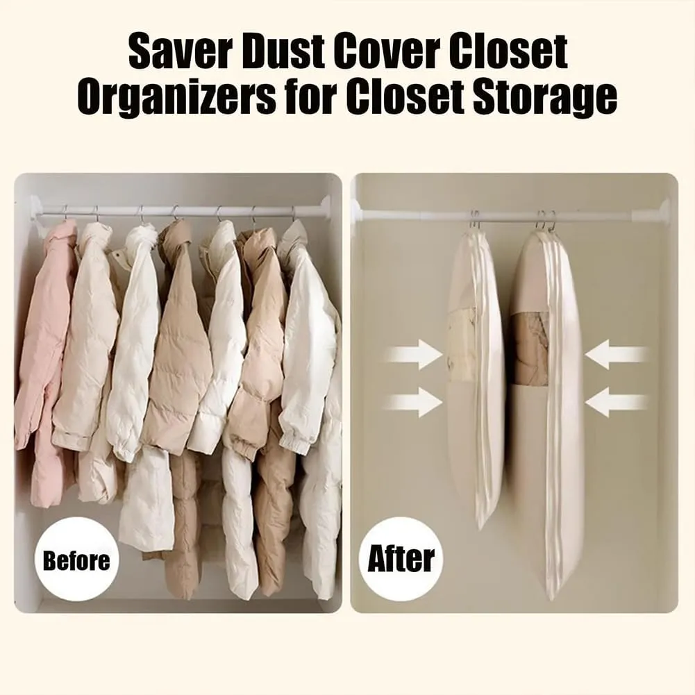 2025 Space Saving Hanging Garment Bag with Self Compression Zipper, Ultra Space Saver Dust Cover Clothes Organizers for Pants, Shirt, Dress, Down Coat (2 pcs XL, Beige)