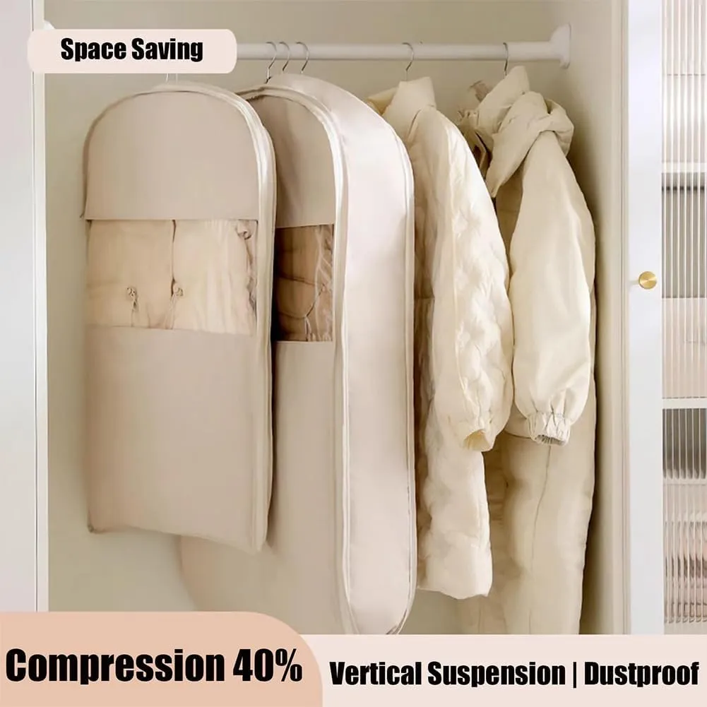 2025 Space Saving Hanging Garment Bag with Self Compression Zipper, Ultra Space Saver Dust Cover Clothes Organizers for Pants, Shirt, Dress, Down Coat (2 pcs XL, Beige)