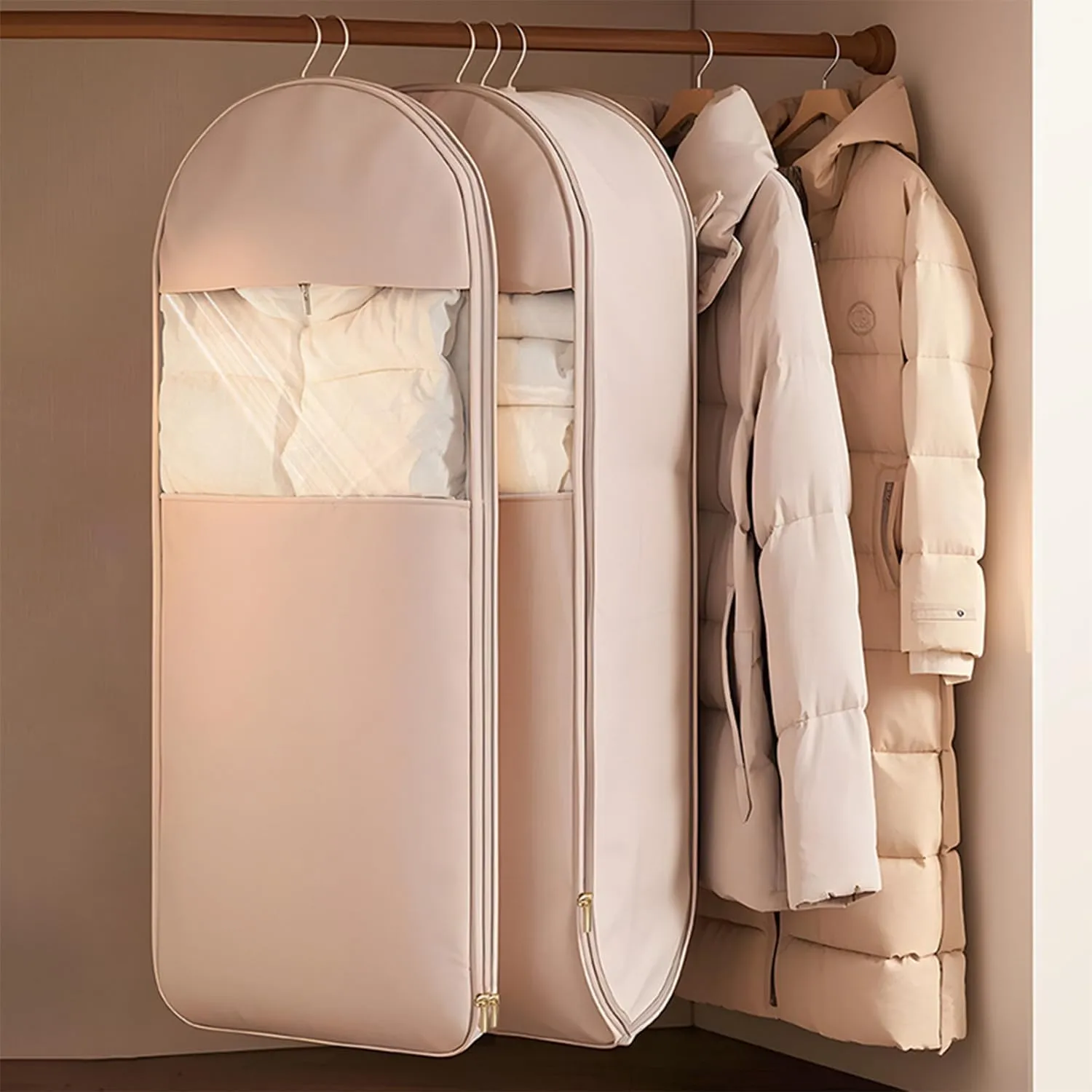 2025 Space Saving Hanging Garment Bag with Self Compression Zipper,garment bags for hanging clothes,Dust Cover Clothes Bags for Down Coat (Pink,S)