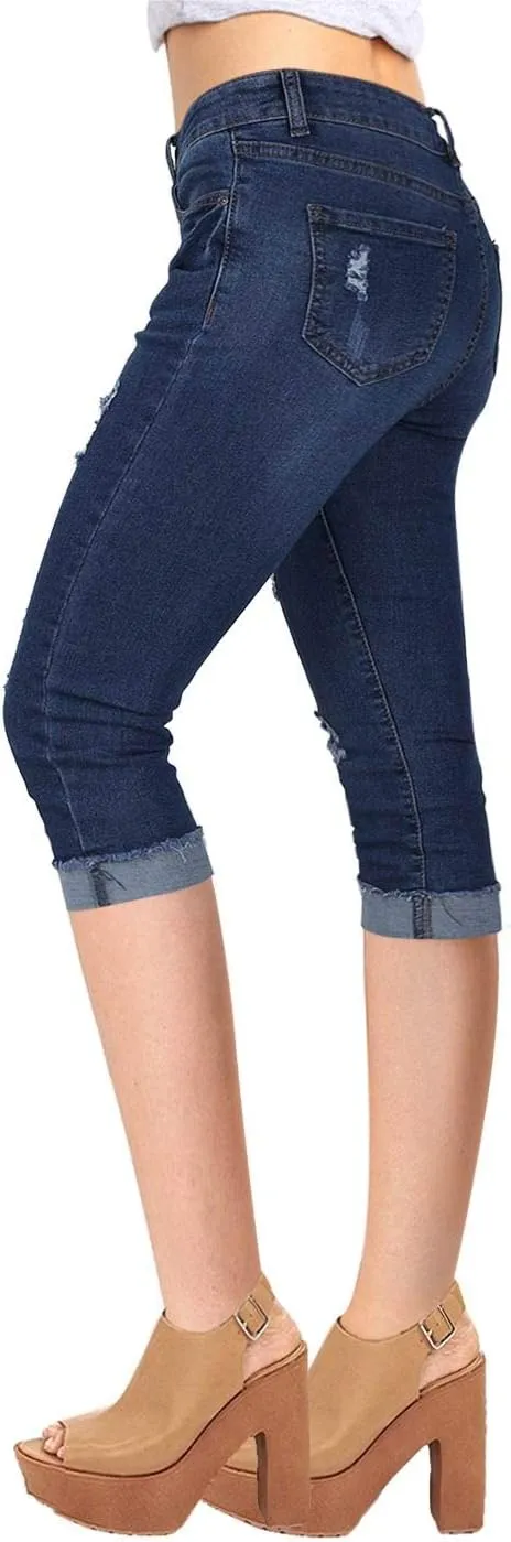 2LUV Women's Stretchy 5 Pocket Skinny Mid Rise Capri Ripped Denim Jeans