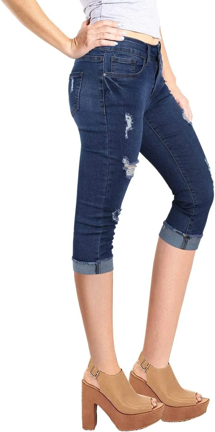 2LUV Women's Stretchy 5 Pocket Skinny Mid Rise Capri Ripped Denim Jeans