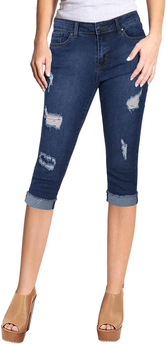2LUV Women's Stretchy 5 Pocket Skinny Mid Rise Capri Ripped Denim Jeans