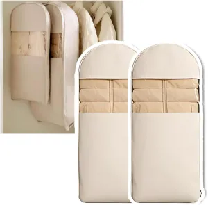 2PCS Space Saving Hanging Garment Bag with Self Compression Zipper,Heavy Duty Garment Bag for Down Coat,Space Saver Closet Organizers (Beige, Large)