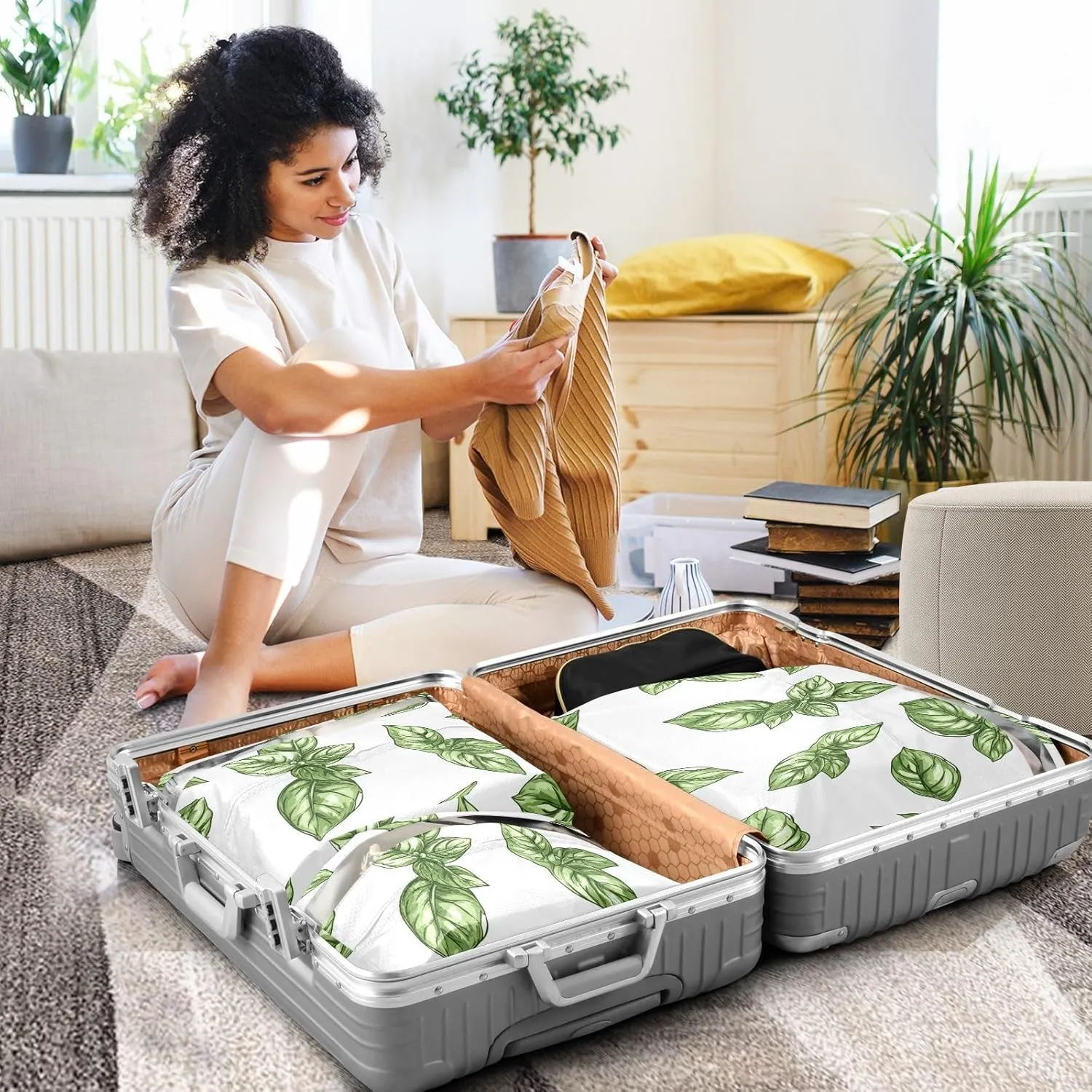 3 Set Travel Packing Cubes For Suitcases, Cute Basil Whit, Stackable, Garment Bag Closet Storage, Luggage Space Saver, Organizadores De Maletas Para