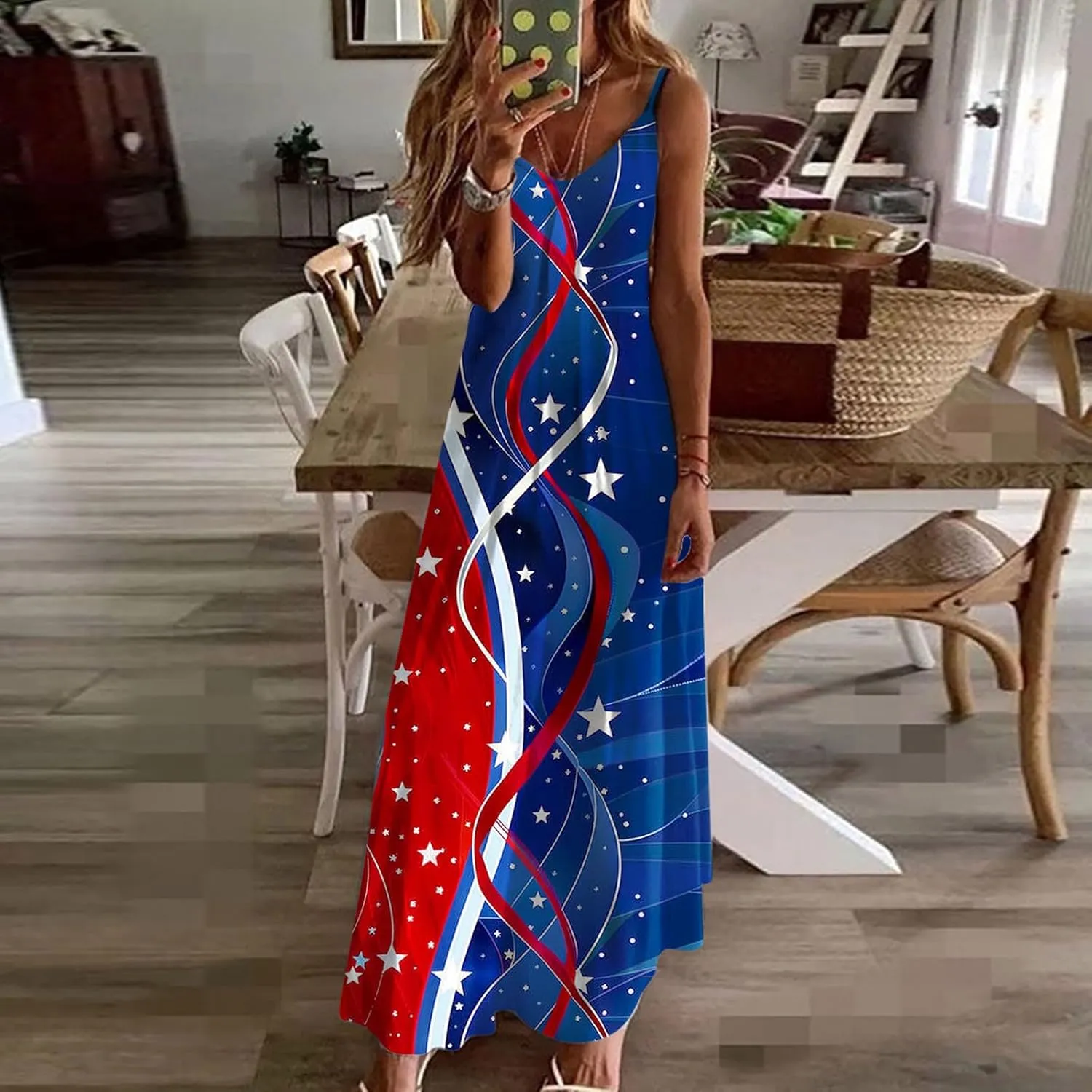 4th of July Dress for Women USA Flag Graphic Sundresses Stars Stripes Printed Independence Day Sleeveless Maxi Dress