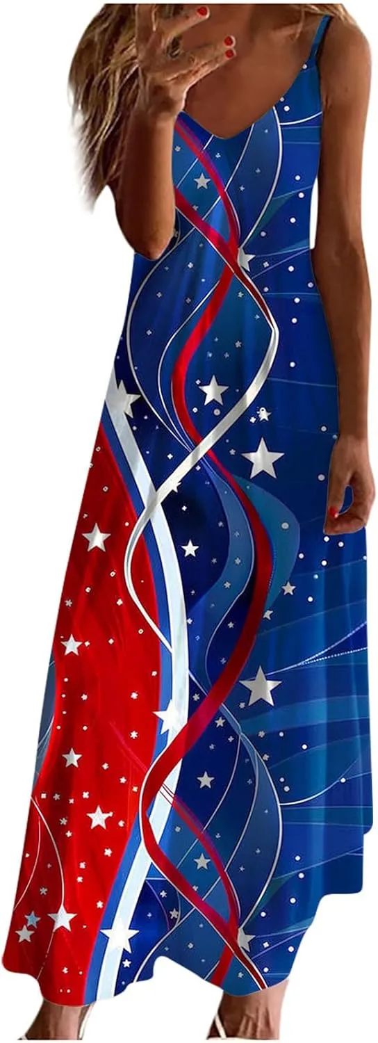 4th of July Dress for Women USA Flag Graphic Sundresses Stars Stripes Printed Independence Day Sleeveless Maxi Dress
