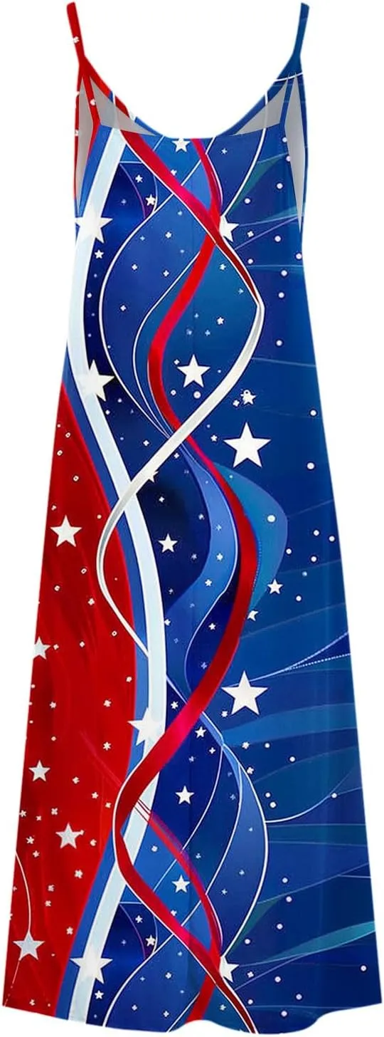4th of July Dress for Women USA Flag Graphic Sundresses Stars Stripes Printed Independence Day Sleeveless Maxi Dress
