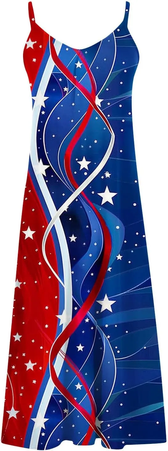 4th of July Dress for Women USA Flag Graphic Sundresses Stars Stripes Printed Independence Day Sleeveless Maxi Dress