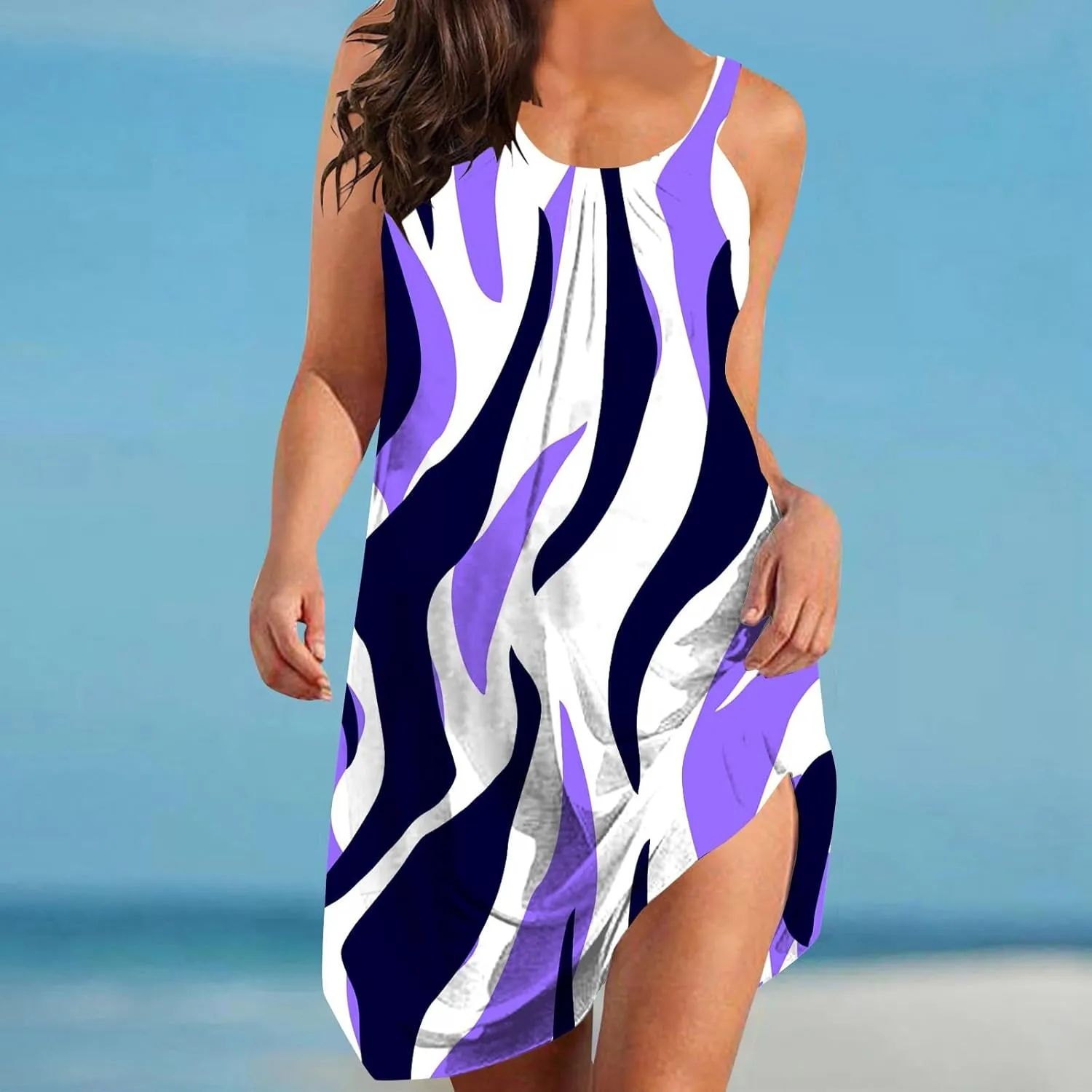 80's Style Dresses for Women Beach Swing Fashion Line Color Block Print Beach Casual Sleeveless Square Neck A-Line Dress