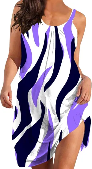 80's Style Dresses for Women Beach Swing Fashion Line Color Block Print Beach Casual Sleeveless Square Neck A-Line Dress