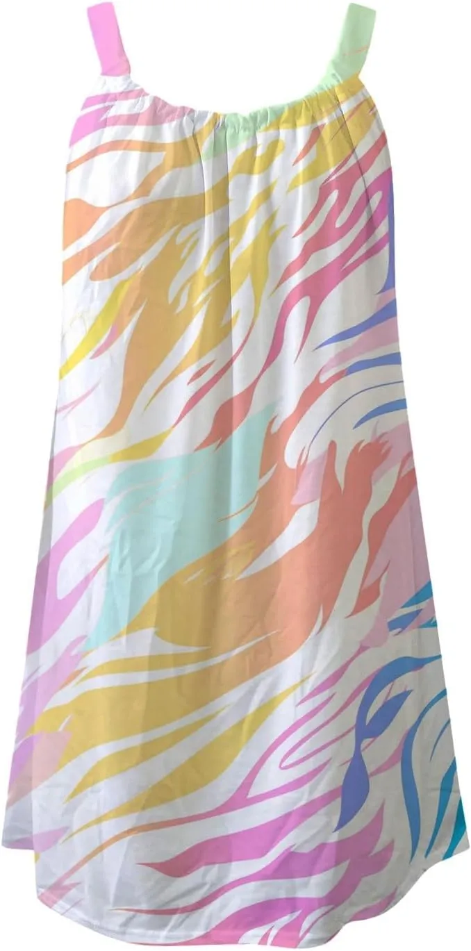 80's Style Dresses for Women Beach Swing Fashion Line Color Block Print Beach Casual Sleeveless Square Neck A-Line Dress