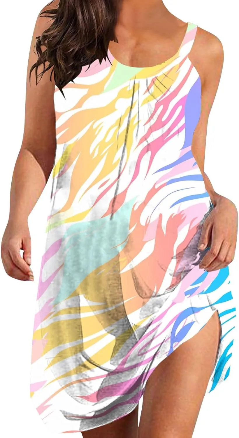 80's Style Dresses for Women Beach Swing Fashion Line Color Block Print Beach Casual Sleeveless Square Neck A-Line Dress