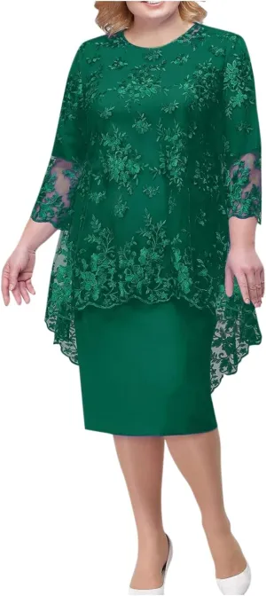 ADHOWBEW Wedding Guest Dresses for Women Plus Size Lace Chiffon Two Piece Set Dress Elegant Long Sleeve Midi Dress Vestidos Elegantes De Mujer para Fiesta Mother of The Bride Dresses Medium Green