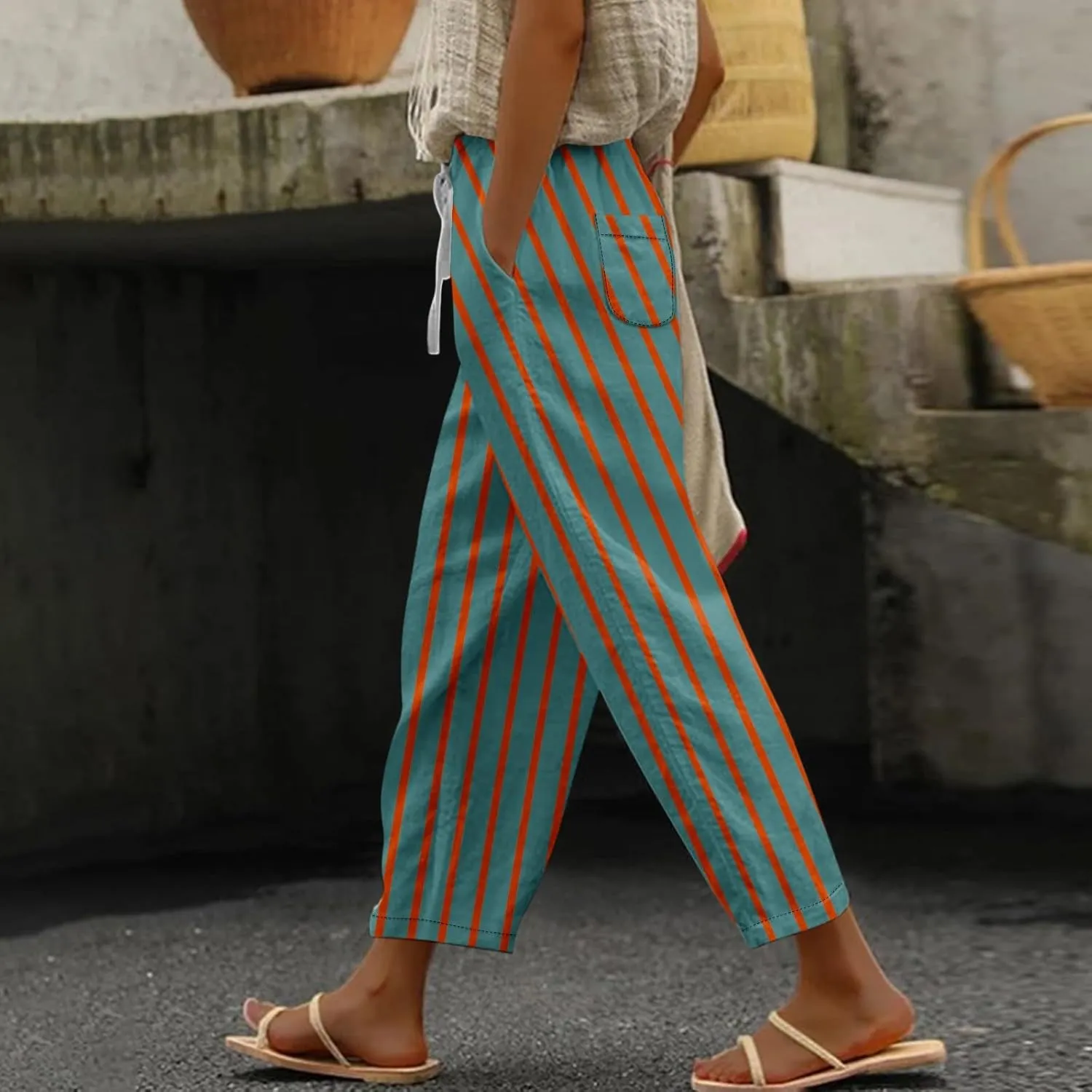 ADHOWBEW Women Capri Pants Trendy Wide Leg High Waist Flowy Summer Lounge Dressy Drawstring Cotton Slacks with Pockets