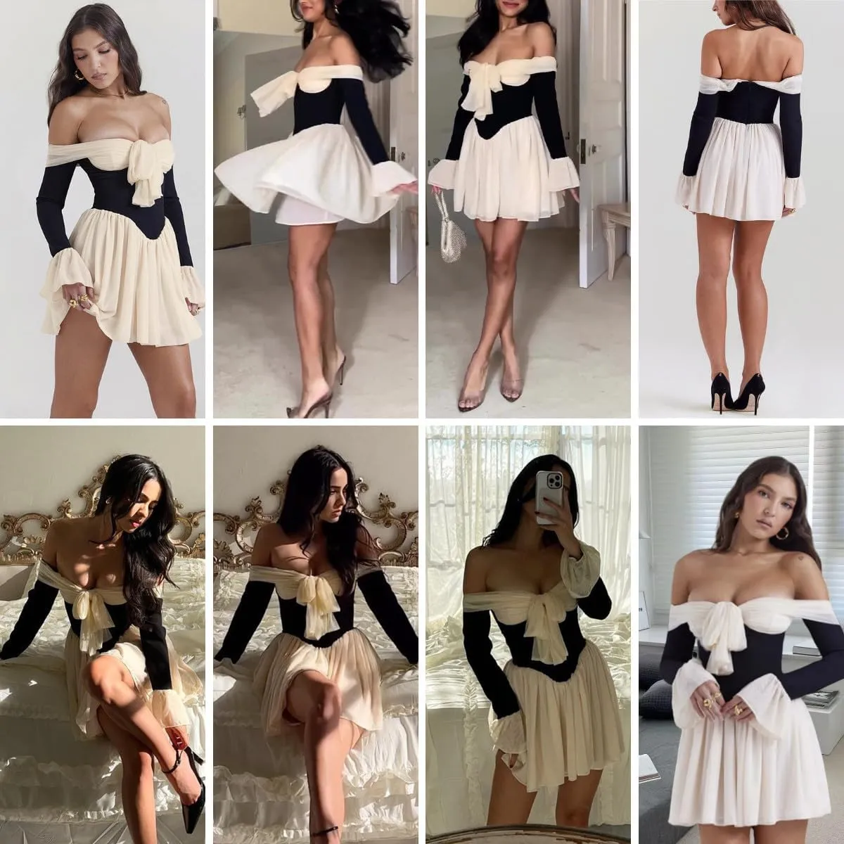 AIBEARTY Women's Elegant Long Flared Sleeve Off Shoulder Mini Dress Sexy Tie Up Bow Backless Pleated Bodycon for Club Party