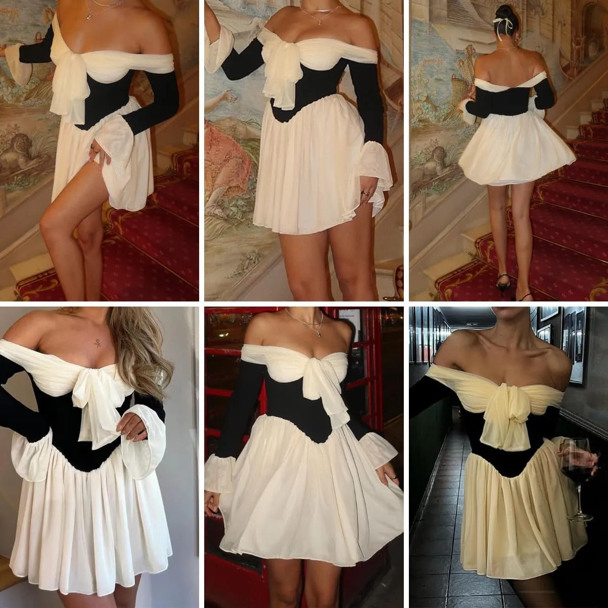 AIBEARTY Women's Elegant Long Flared Sleeve Off Shoulder Mini Dress Sexy Tie Up Bow Backless Pleated Bodycon for Club Party