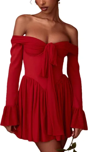 AIBEARTY Women's Elegant Long Flared Sleeve Off Shoulder Mini Dress Sexy Tie Up Bow Backless Pleated Bodycon for Club Party
