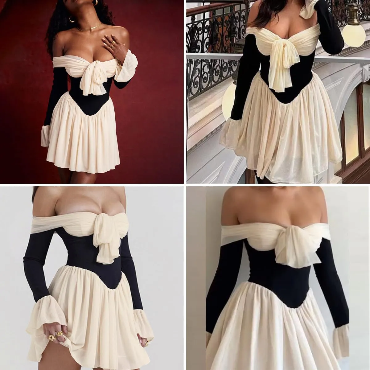 AIBEARTY Women's Elegant Long Flared Sleeve Off Shoulder Mini Dress Sexy Tie Up Bow Backless Pleated Bodycon for Club Party
