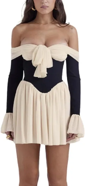 AIBEARTY Women's Elegant Long Flared Sleeve Off Shoulder Mini Dress Sexy Tie Up Bow Backless Pleated Bodycon for Club Party