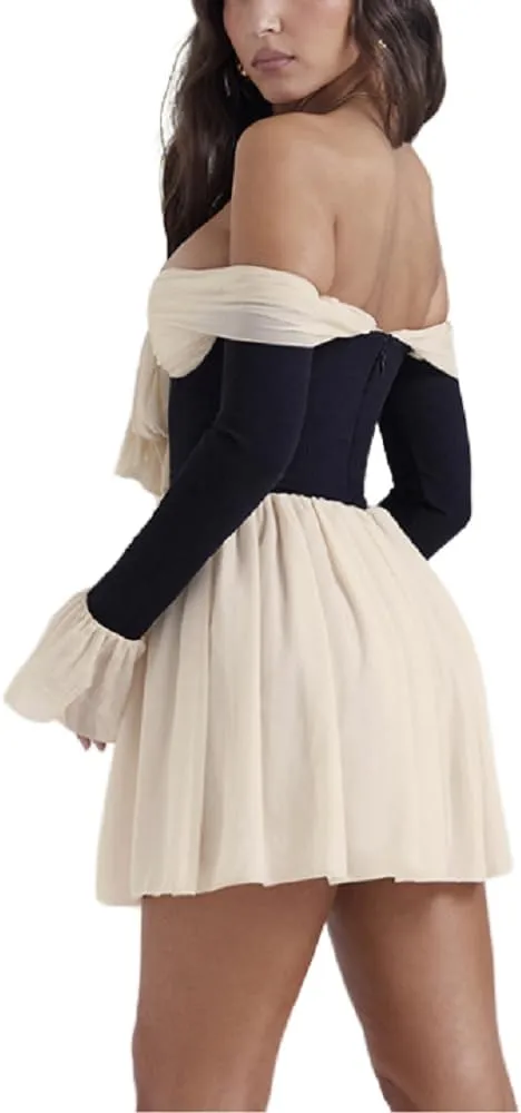 AIBEARTY Women's Elegant Long Flared Sleeve Off Shoulder Mini Dress Sexy Tie Up Bow Backless Pleated Bodycon for Club Party